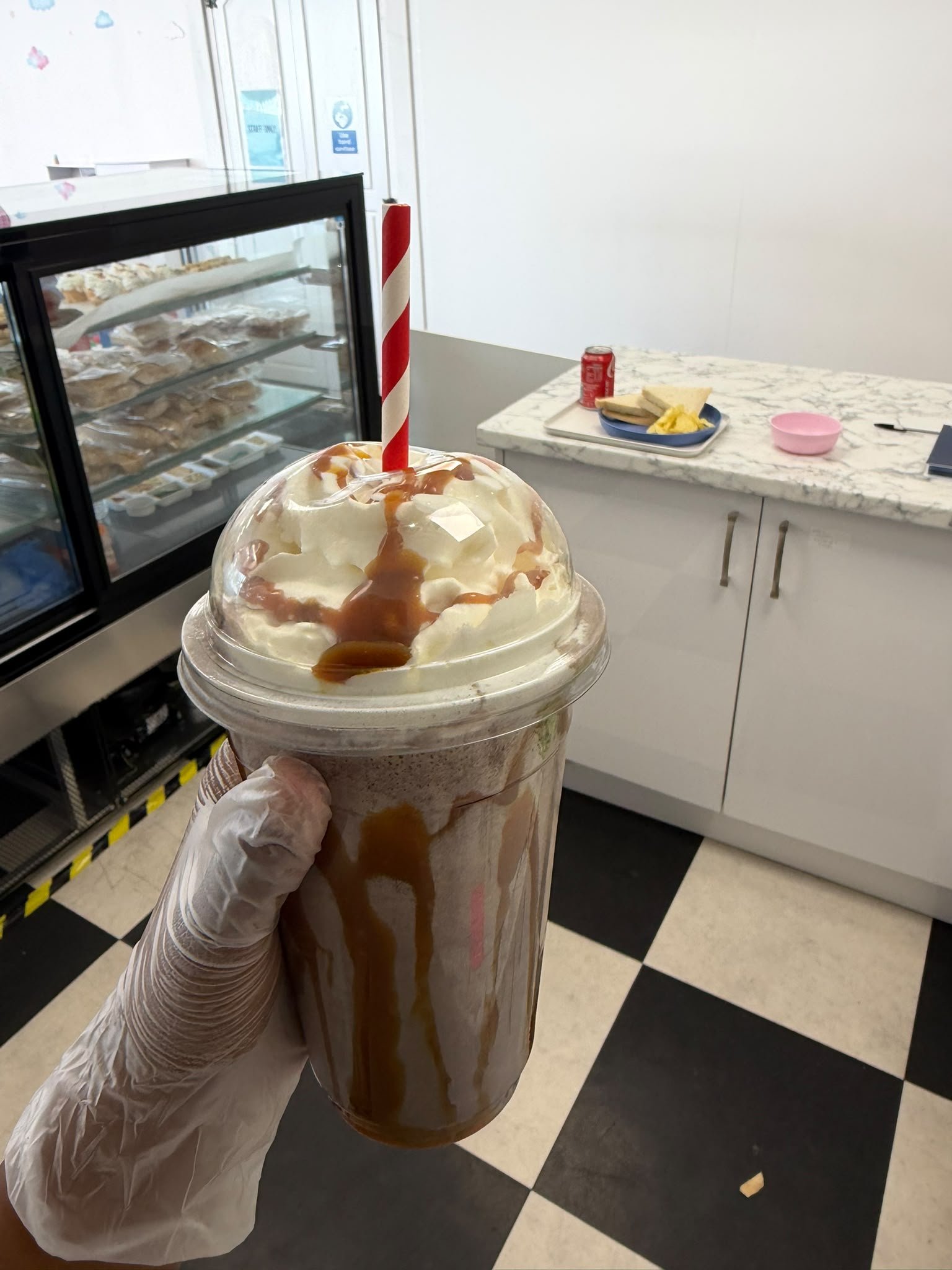 Caramel milkshake held up in the Fun Time cafe